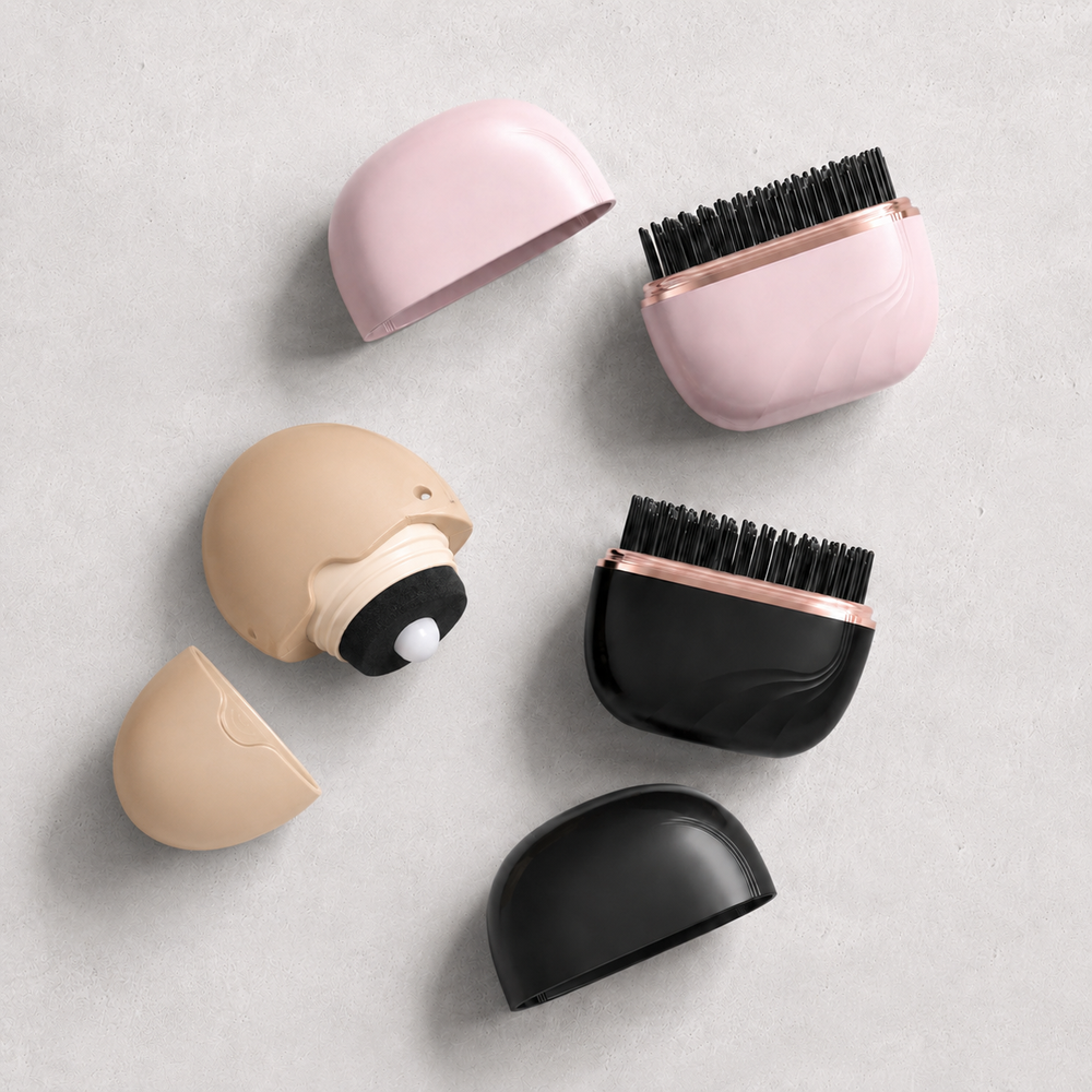 Pocket BunnyCompleteBeauty Kit featuring a mini hair brush and sunscreen roller in stylish cases.